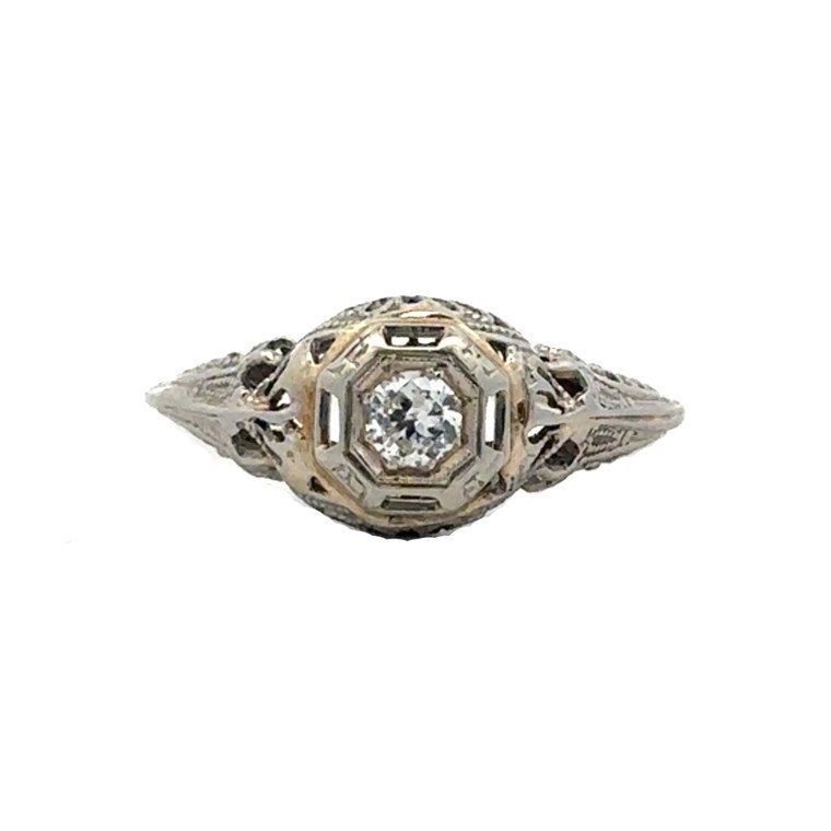 14K White Gold Diamond Circle in a Square-Setting with an Art Deco Filigree Band Ring Size 5.5