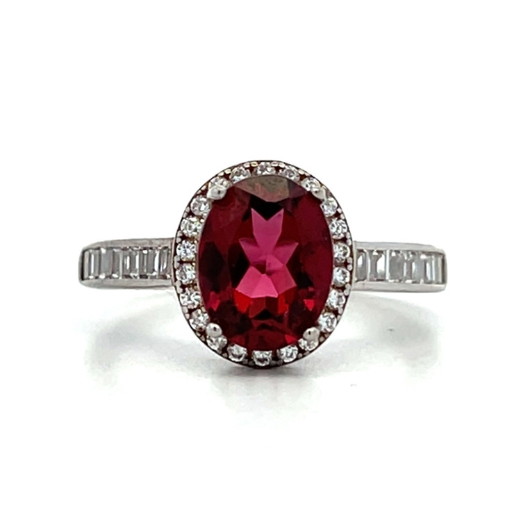Sterling Silver Rhodolite Garnet With A CZ Halo and Accents Cocktail Ring Size  7