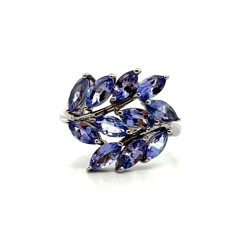 Sterling Silver Tanzanite Marquise Cut Floral Cluster Ring Size 7