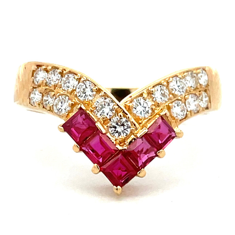 18K Yelllow Gold 0.55cttw Square Rubies and 0.38cttw Round Diamonds Chevron Band Ring Size 8