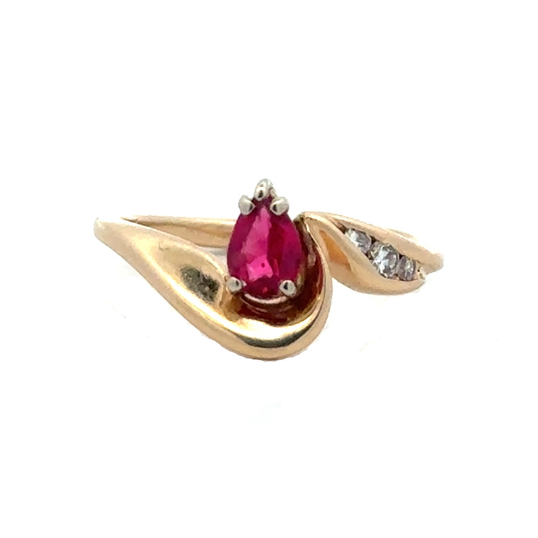 14K Gold Ruby Teardrop with Diamond Accents in a Channel-Setting Bypass Ring Size 5