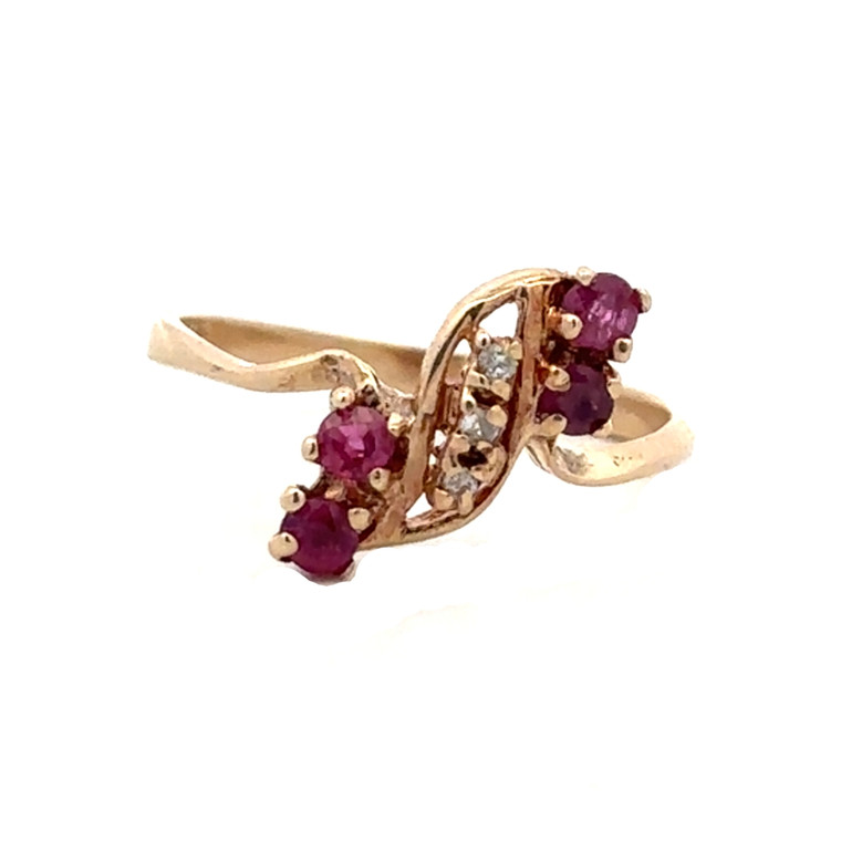 10K Gold Alternating Stacked Ruby Bezels and Diamond Bezel Accents in an S-Shaped Mount Bypass Ring Size 7
