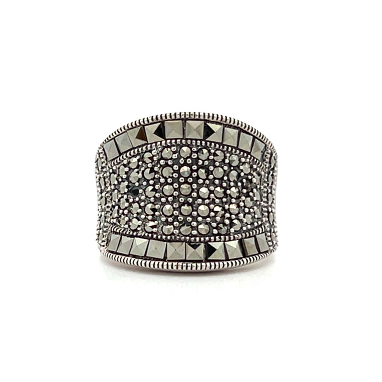 Sterling Silver Marcasite Dense Mosaic Wide Band Cluster Ring Size 8