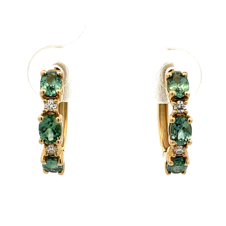 10K Yellow Gold Oval Green Montana Sapphire and Diamond Approx 16.4mm Hoop Earrings