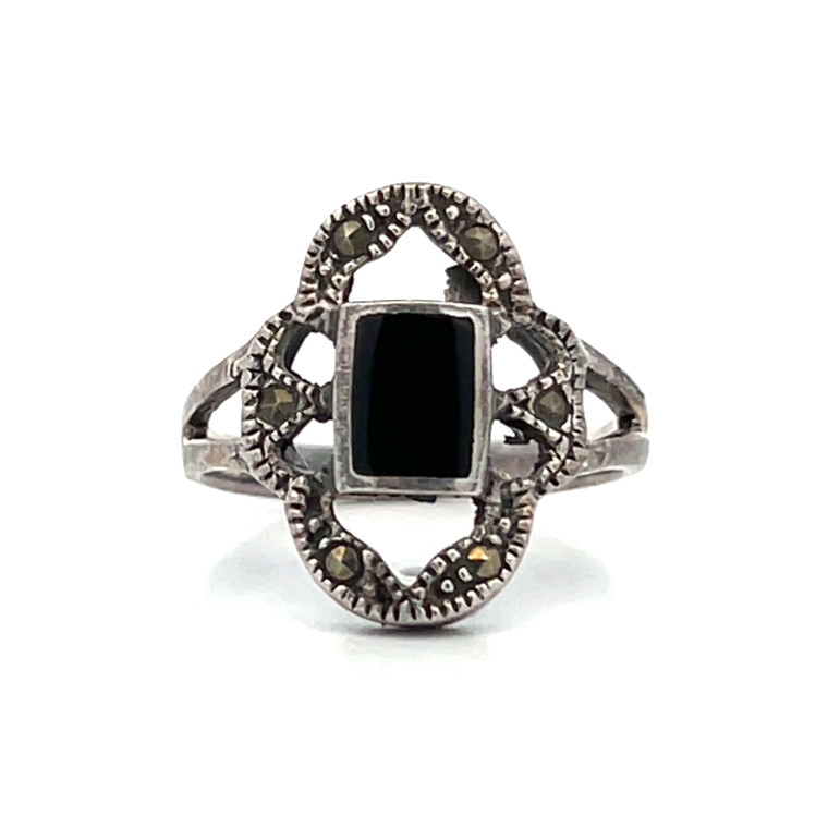 Sterling Silver Black Onyx And Marcasite Vintage Inspired Fashion Ring Size 7
