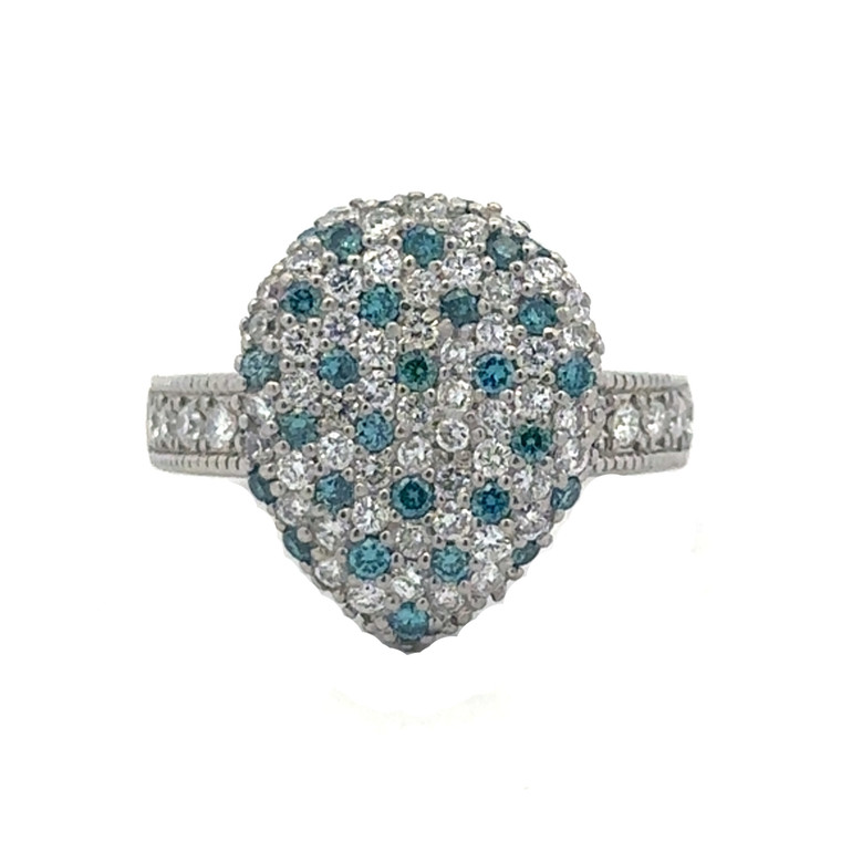 Platinum 900 .21tw Blue Diamonds and 1.23tw White Diamond Encrusted Teardrop-Shaped Ring Size 6