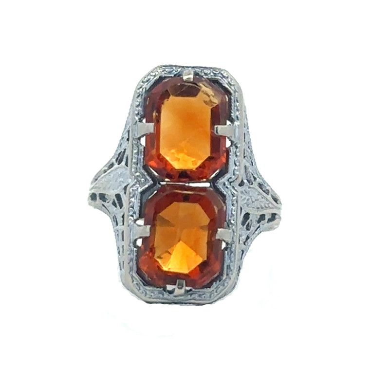 14K White Gold Double Orange Glass "Toi Et Moi" Stacked Flat-Topped Ovals in a Filigree-Setting Ring Size 3.5