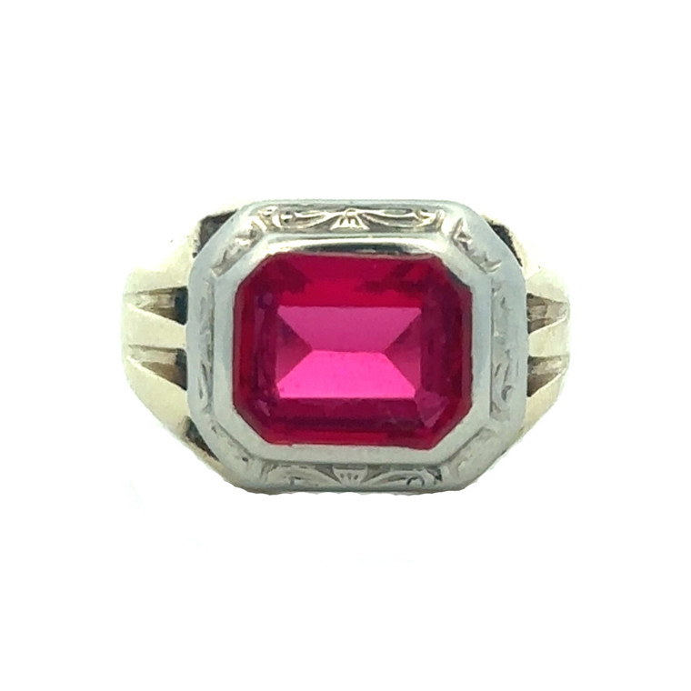 10K Gold Created Ruby Flat-Top Emerald-Cut in a White Gold Engraved Floral Motif  Ring Size 7