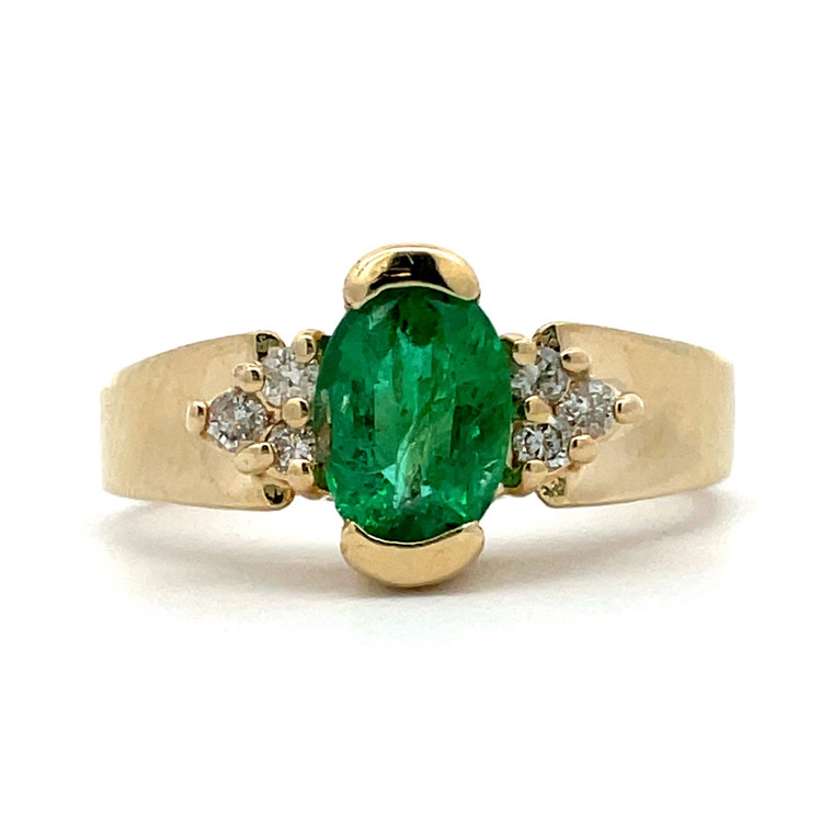 14K Y Gold Emerald Oval Cut Half Bezel Set Diamond Accent Ring Size 4
