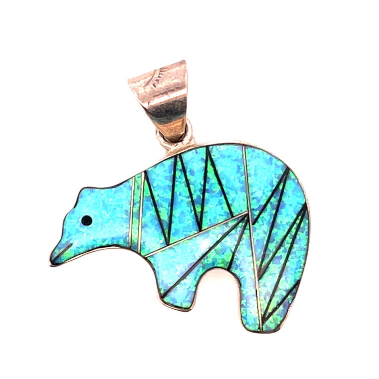 Sterling Silver Created Opal Inlay Spirit Bear South Western Pendent