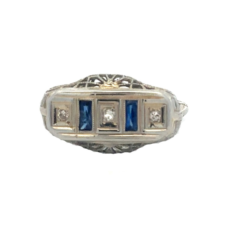 18K White Gold Double Sapphire Baguettes with 3-Diamond Bezels Art Deco Filigree Ring Size 5.75