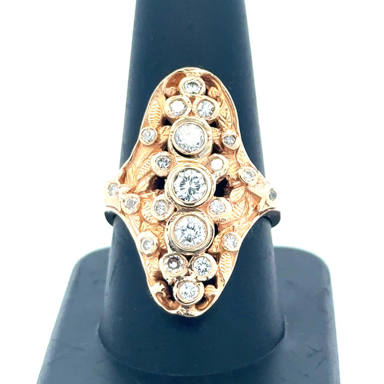 Vintage 14K Gold 1.60tw Diamond Circles Vertical Cluster in a Leaf-Textured Setting Ring Size 9.25