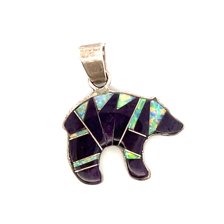 Sterling Silver Created Opal And Charoite Inlay South Western Style Spirit Bear Pendent