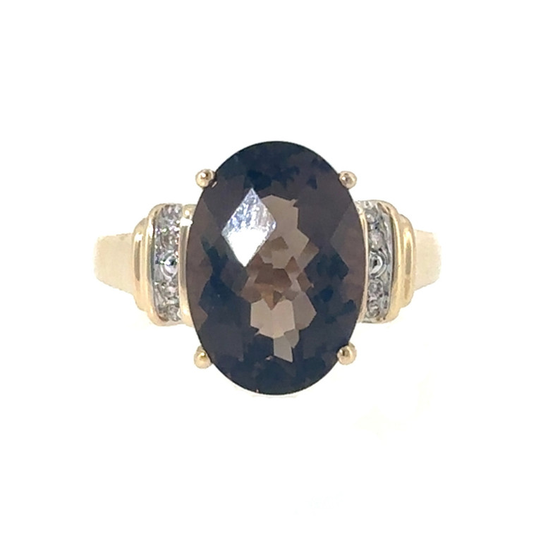10K Gold Smokey Quartz Oval with Bilateral Diamond Stacks Ring Size 6.75