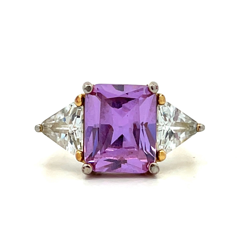 Sterling Silver Gold Tone Purple CZ Emerald Cut With White CZ Trillion Cut Accents Fashion Ring Size 8