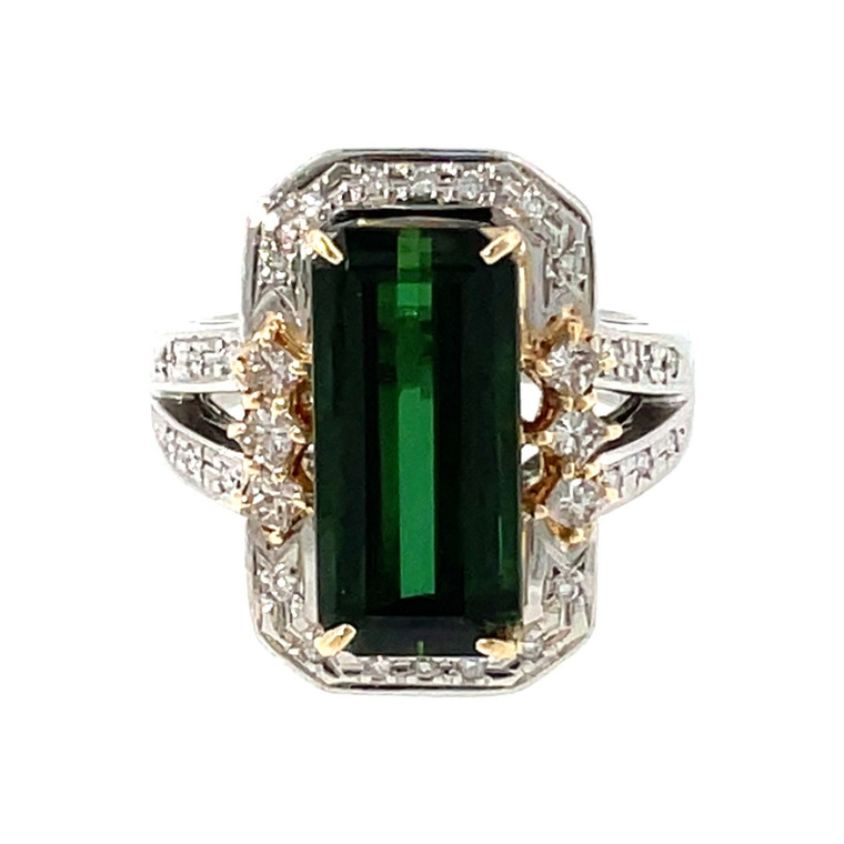 Platinum 900 6.61ct Green Tourmaline Rectangle in a 18K Gold Setting with .43ctw Diamond Halo Ring Size 6