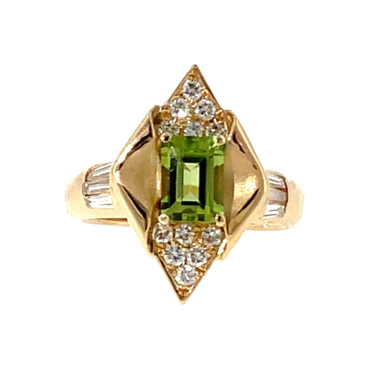 18K Gold .997ct Tourmaline Rectangle with Bilateral Vertical .553ctw Diamond Bezels Accent Kite-Shaped Frame Ring Size 7