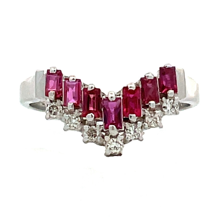 Platinum 900 Stacked .43tw Ruby Rectangle Chevron-V with a .10tw Diamond Bezels Chevron V-Shaped Ring Size 4.5
