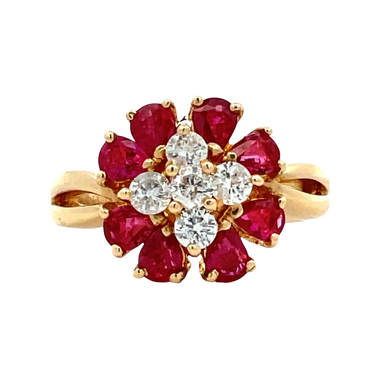 18K Gold 1.43tw Ruby Flower Teardrop Petals with a .45tw Diamond Center Ring Size 5.25