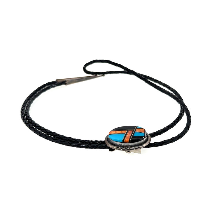 Southwest Native American Sterling Silver Oval Multi-Stone Inlay Bolo Tie