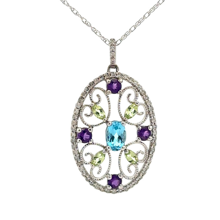 10K White Gold .70tw Central Blue Topaz Oval,  Amethyst Circles, and Peridot Marquise Filigree Heart Oval with Surrounding Diamond Accents Pendant 18" Chain Necklace