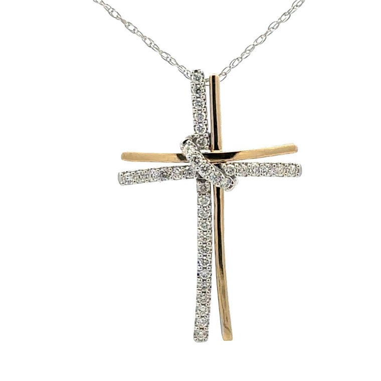 14K Two-Tone Gold .40tw Diamond Cross-Over Knot Cross Pendant 18" Chain Necklace