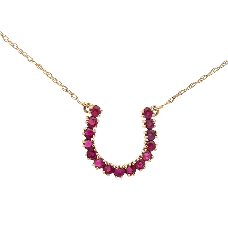 10K Gold 1.05tw Ruby Accented Horseshoe Stationary Pendant 17.5" Chain Necklace