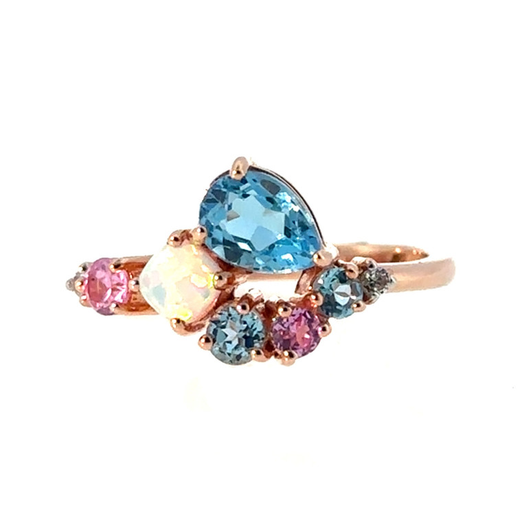 10K Rose Gold .64tw Multi-Gem Cluster with a .03tw Diamond Bezel Ring Size 6.5
