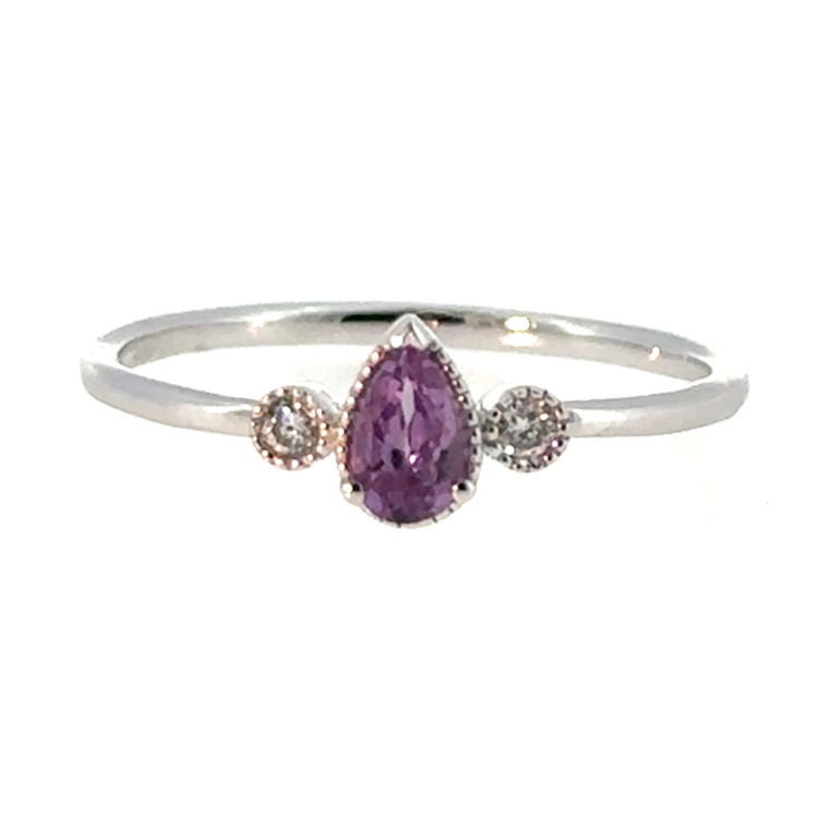 10K White Gold Amethyst Teardrop with Bilateral Diamond Accents Ring Size 7