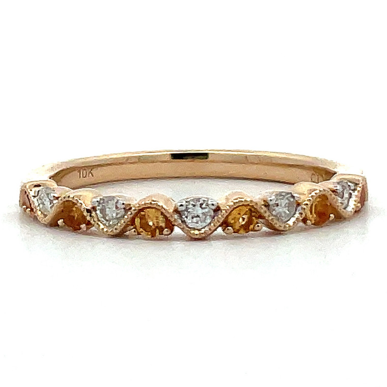 10K Gold Alternating Orange Citrine and Diamond Ornate Infinity Ring Size 7