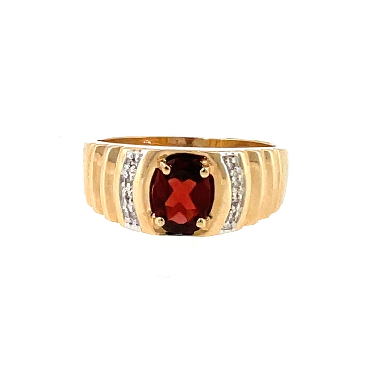 10K Gold Central Garnet Oval with  Bilateral Diamond Accents Chunky Bridge-Setting Ring Size 9.5