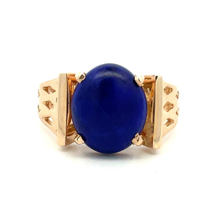 14K Gold Lapis Lazuli Cabochon in a Geometric Textured Ring Size 7.25