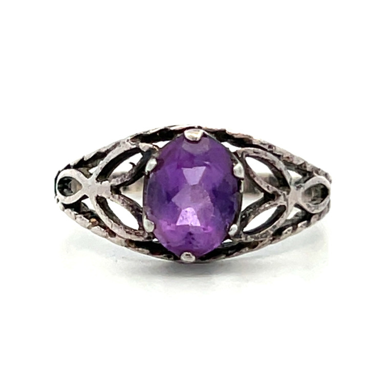 Sterling Silver Amethyst Oval Cut Solitaire Vintage inspired Fashion Ring Size 7