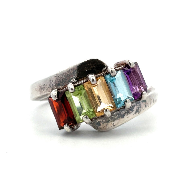 Sterling Silver 5-Stone Emerald Cut Multi-Gem Bypass Ring Size 8