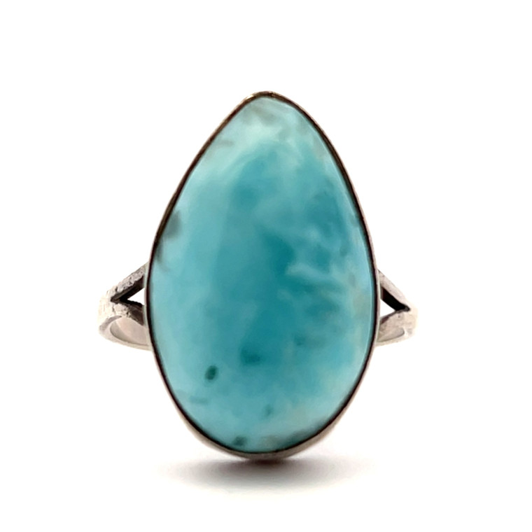 Sterling Silver Larimar  Pear Cut Cabochon Solitaire Statement Ring Size 8.5