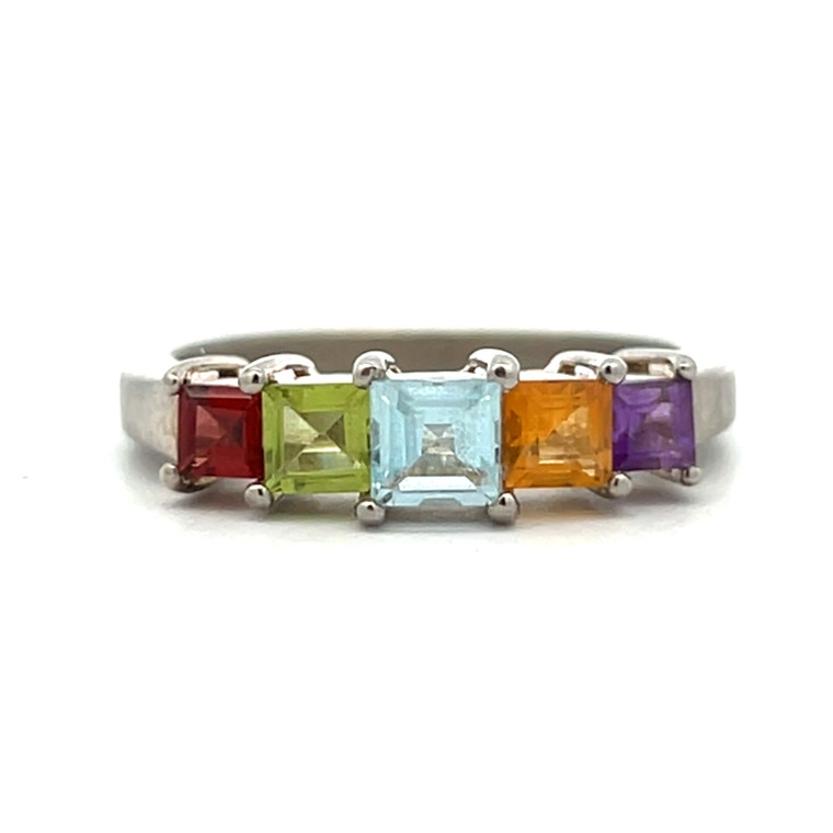 Sterling Silver Multi Semi Precious Gemstone Princess Cut Stacker Ring Size 8