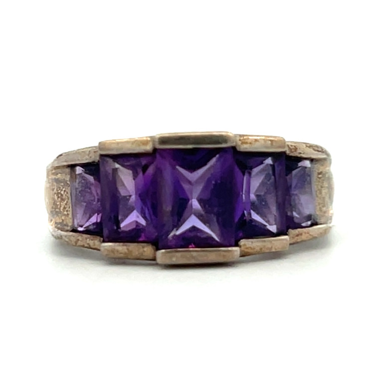 Sterling Silver Amethyst Five Stone Semi Bezel Stacker Ring Size 7