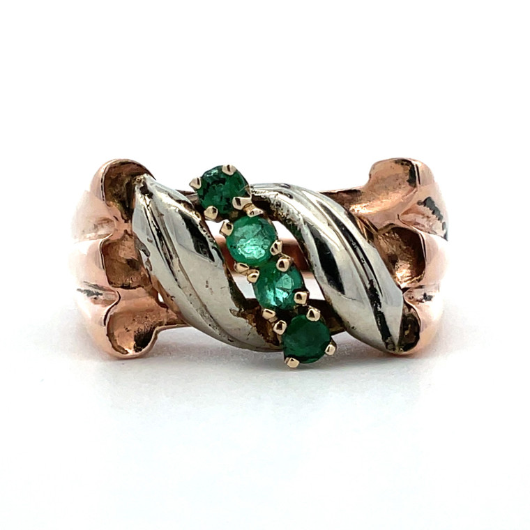 Vintage 14K Two Tone Gold Emerald Accented Twisted Design Fashion Ring Size 7.5