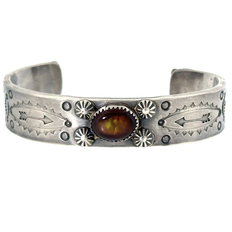 Vintage Navajo Sterling Silver Fire Agate Stamped Cuff - Signed JRF