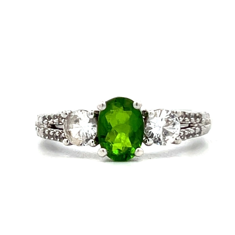 Sterling Silver Green CZ Oval Cut With White CZ Accents And Band Work Fashion Ring Size 6.75