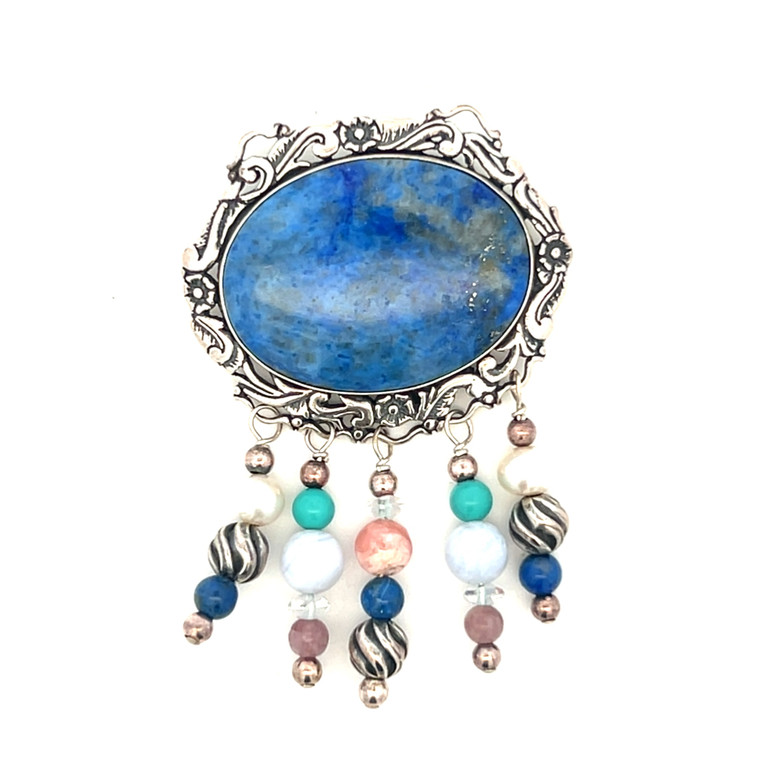 Sterling Silver Lapis Oval Cut With Turquoise Pearl And Agate Dangle Accents Brooch