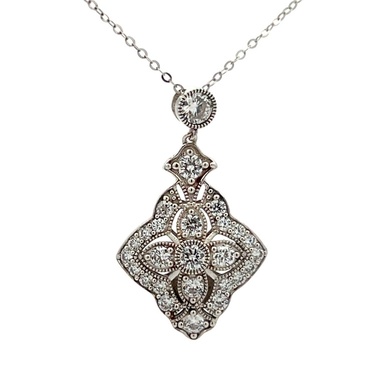 Sterling Silver CZ Vintage Inspired Art Deco Style Necklace