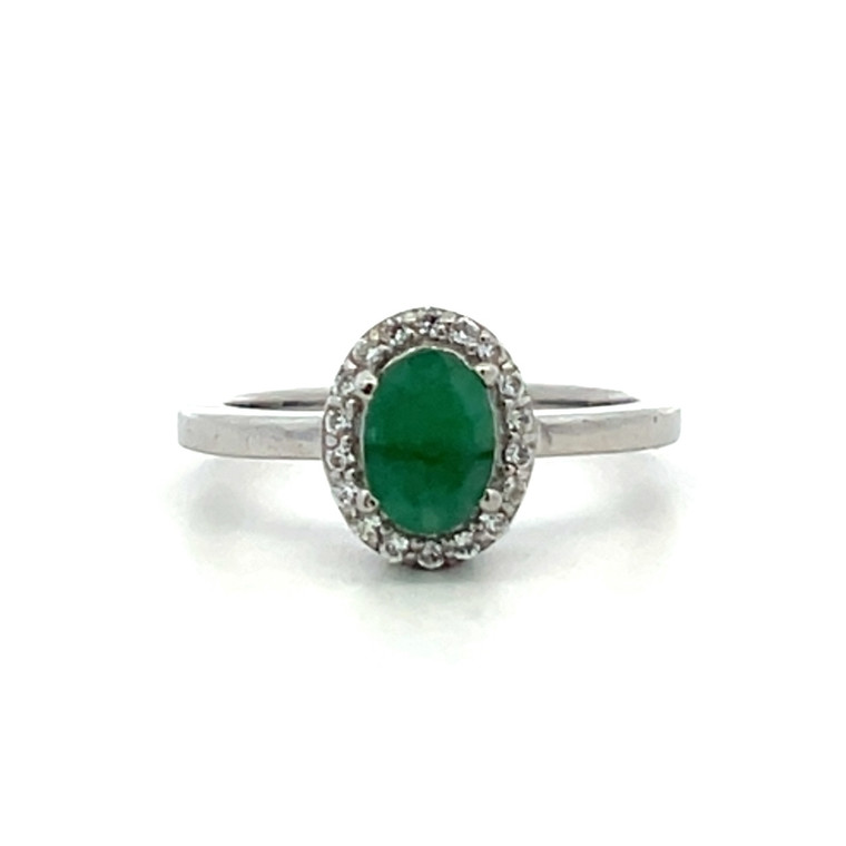 Sterling Silver Oval Cut Emerald With A CZ Halo Fashion Ring Size 6