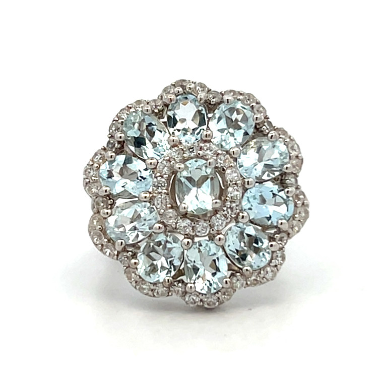 Sterling Silver Aquamarine Oval Cut Cluster With White Sapphire Accents Statement Ring Size 7