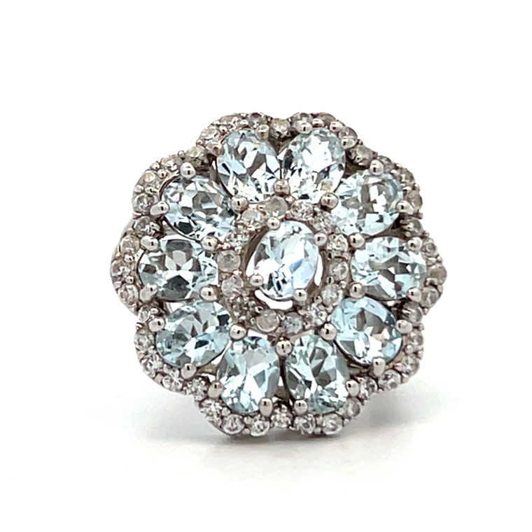 Sterling Silver Aquamarine Oval Cut Cluster With White Sapphire Accents Statement Ring Size 6