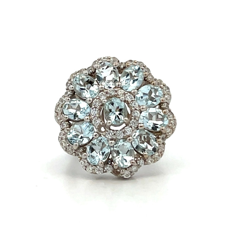 Sterling Silver Aquamarine Oval Cut Cluster With White Sapphire Accents Statement Ring Size 5