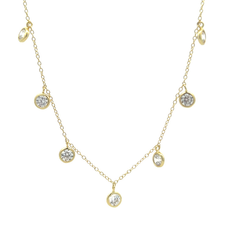 Sterling Silver Gold Tone CZ Bezel Set Fifteen Stone Dangle Necklace
