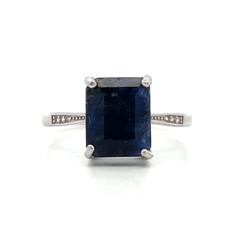 Sterling Silver Sapphire Emerald Cut Four Prong Setting With CZ Band accents Fashion Ring Size 8.5