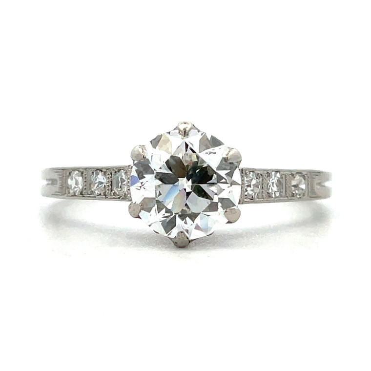 Vintage Platinum App 1.0ct European Cut Diamond Accented Band Filigree Crown Detail Engagement Ring Size 7