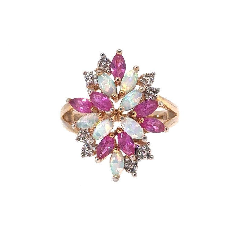 Sterling Silver Gold Tone Pink Topaz Opal Cluster Ring Size 7